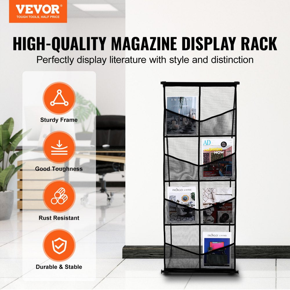 ODDTOOLS Brochure Display Stand, 4-Tier 8 Pockets Mesh Literature Display Holder, Floor Standing Magazine Newspaper Catalog Rack, Lightweight & Portable with Carrying Bag for Shop Exhibitions Office