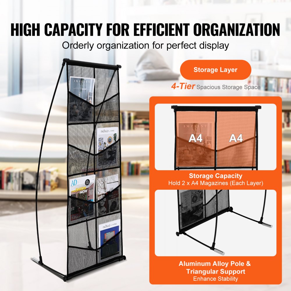 ODDTOOLS Brochure Display Stand, 4-Tier 8 Pockets Mesh Literature Display Holder, Floor Standing Magazine Newspaper Catalog Rack, Lightweight & Portable with Carrying Bag for Shop Exhibitions Office