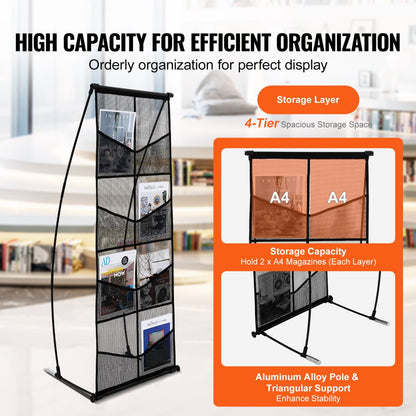 ODDTOOLS Brochure Display Stand, 4-Tier 8 Pockets Mesh Literature Display Holder, Floor Standing Magazine Newspaper Catalog Rack, Lightweight & Portable with Carrying Bag for Shop Exhibitions Office