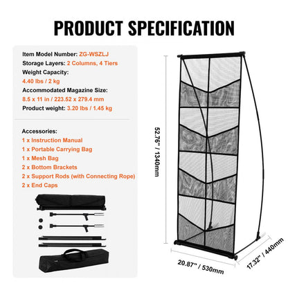 ODDTOOLS Brochure Display Stand, 4-Tier 8 Pockets Mesh Literature Display Holder, Floor Standing Magazine Newspaper Catalog Rack, Lightweight & Portable with Carrying Bag for Shop Exhibitions Office