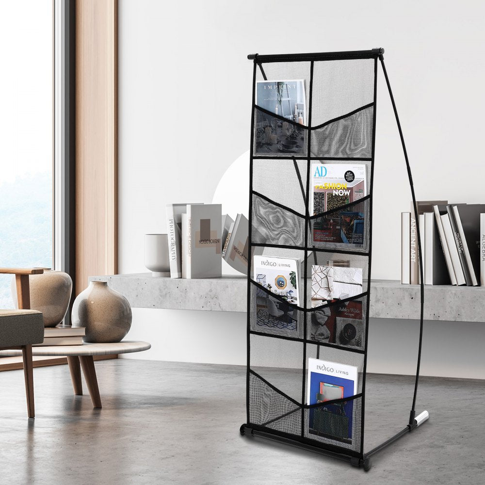 ODDTOOLS Brochure Display Stand, 4-Tier 8 Pockets Mesh Literature Display Holder, Floor Standing Magazine Newspaper Catalog Rack, Lightweight & Portable with Carrying Bag for Shop Exhibitions Office