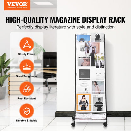 ODDTOOLS Brochure Display Rack, 6-Tier Magazine Literature Display Stand, Floor Standing Magazine Rack Newspaper Catalog Holders, Movable with 4 Wheels (2 Lockable) for Shop Exhibitions Office, 6 Pockets