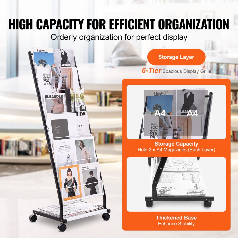 ODDTOOLS Brochure Display Rack, 6-Tier Magazine Literature Display Stand, Floor Standing Magazine Rack Newspaper Catalog Holders, Movable with 4 Wheels (2 Lockable) for Shop Exhibitions Office, 6 Pockets