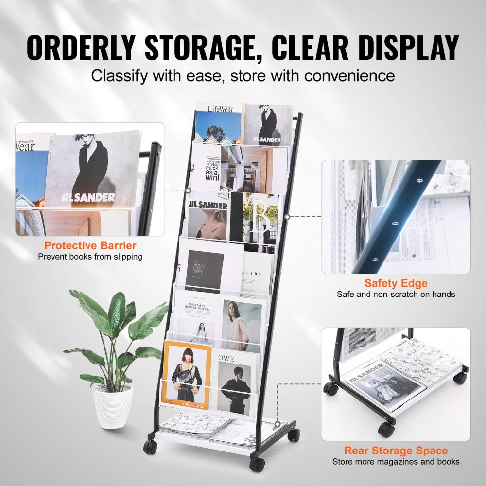 ODDTOOLS Brochure Display Rack, 6-Tier Magazine Literature Display Stand, Floor Standing Magazine Rack Newspaper Catalog Holders, Movable with 4 Wheels (2 Lockable) for Shop Exhibitions Office, 6 Pockets