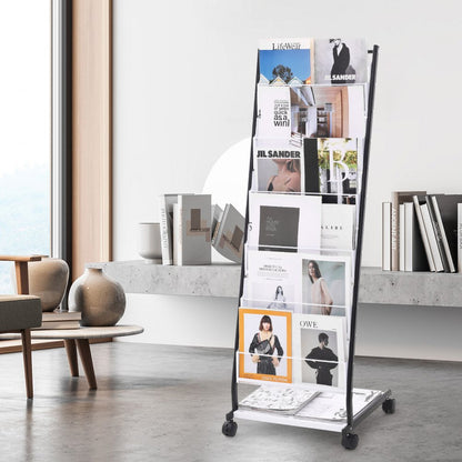 ODDTOOLS Brochure Display Rack, 6-Tier Magazine Literature Display Stand, Floor Standing Magazine Rack Newspaper Catalog Holders, Movable with 4 Wheels (2 Lockable) for Shop Exhibitions Office, 6 Pockets