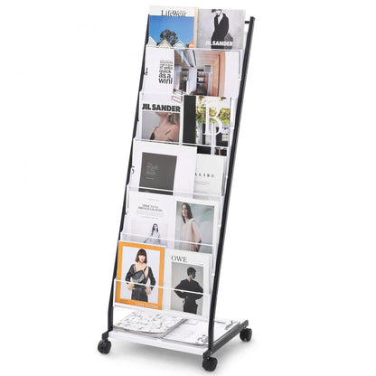 ODDTOOLS Brochure Display Rack, 6-Tier Magazine Literature Display Stand, Floor Standing Magazine Rack Newspaper Catalog Holders, Movable with 4 Wheels (2 Lockable) for Shop Exhibitions Office, 6 Pockets