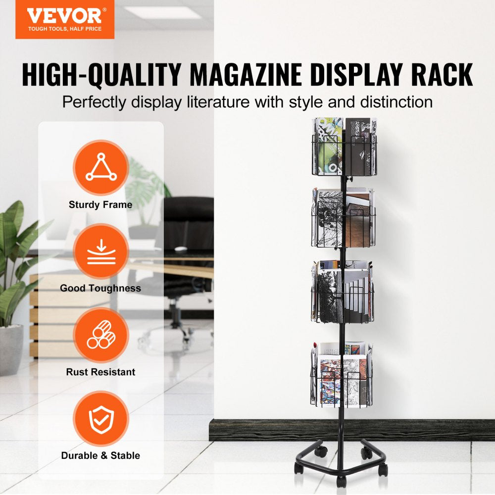 ODDTOOLS Brochure Display Rack, 4-Tier 32 Pockets Rotating Magazine Literature Display Stand for Postcards, 360° Spinning Greeting Cards Rack with 5 Wheels (2 Lockable) for Shop Exhibitions Office