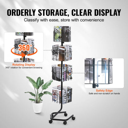 ODDTOOLS Brochure Display Rack, 4-Tier 32 Pockets Rotating Magazine Literature Display Stand for Postcards, 360° Spinning Greeting Cards Rack with 5 Wheels (2 Lockable) for Shop Exhibitions Office