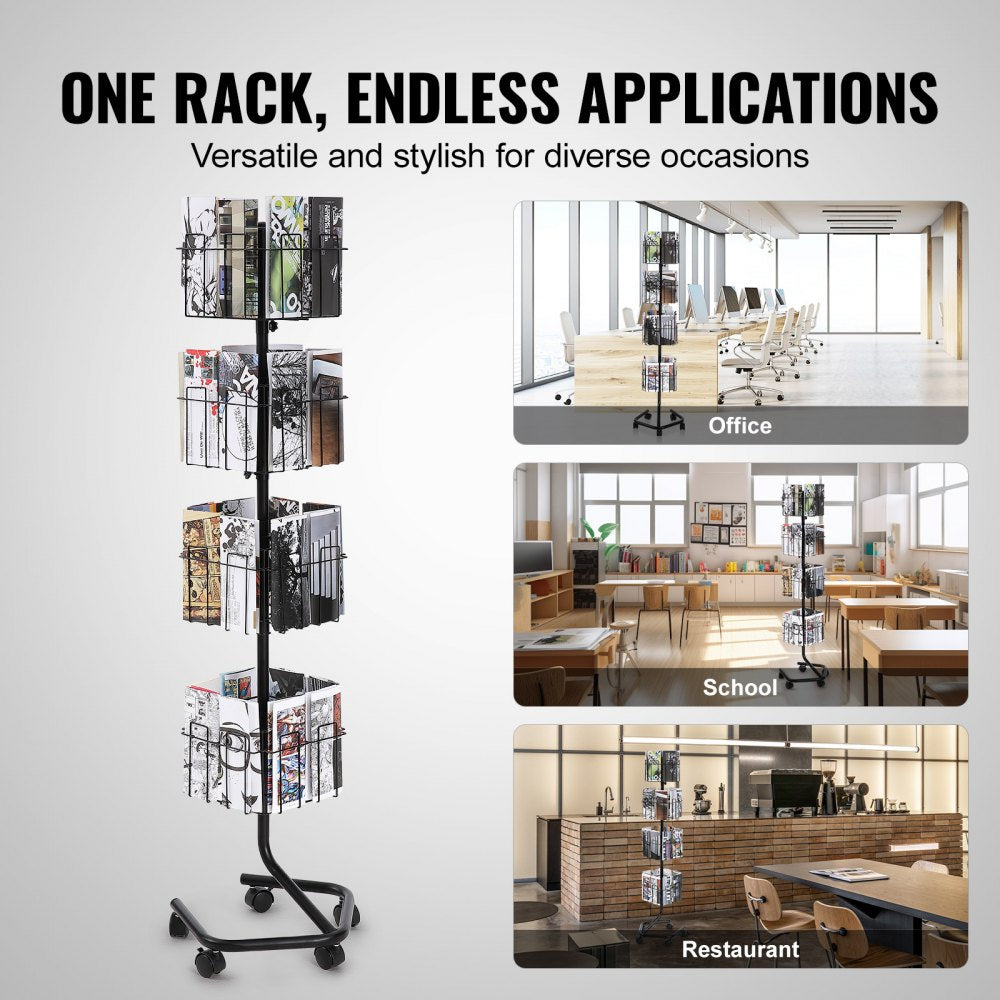 ODDTOOLS Brochure Display Rack, 4-Tier 32 Pockets Rotating Magazine Literature Display Stand for Postcards, 360° Spinning Greeting Cards Rack with 5 Wheels (2 Lockable) for Shop Exhibitions Office