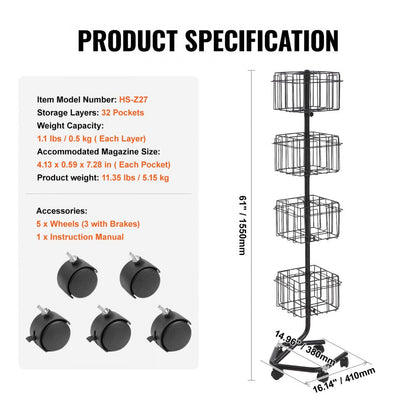 ODDTOOLS Brochure Display Rack, 4-Tier 32 Pockets Rotating Magazine Literature Display Stand for Postcards, 360° Spinning Greeting Cards Rack with 5 Wheels (2 Lockable) for Shop Exhibitions Office