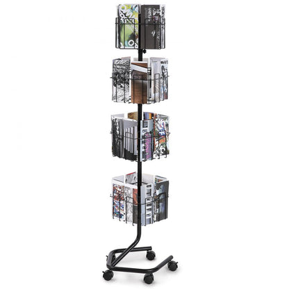 ODDTOOLS Brochure Display Rack, 4-Tier 32 Pockets Rotating Magazine Literature Display Stand for Postcards, 360° Spinning Greeting Cards Rack with 5 Wheels (2 Lockable) for Shop Exhibitions Office