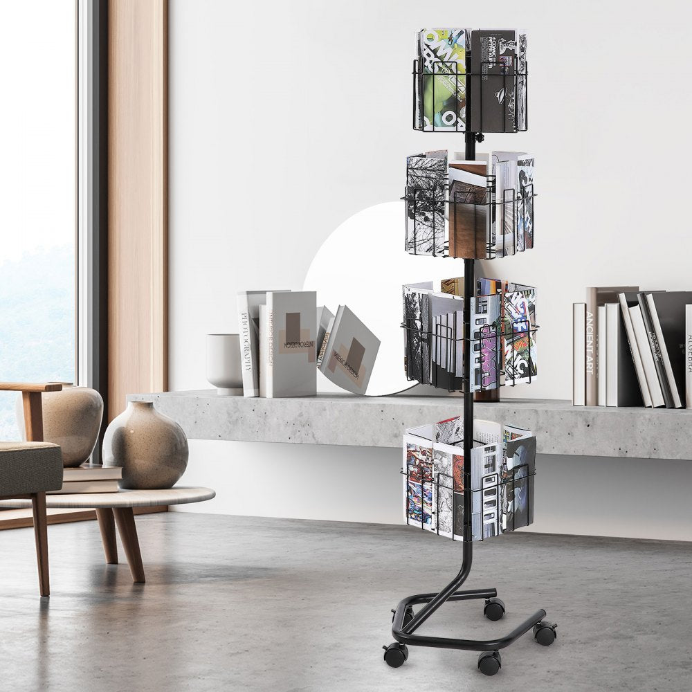 ODDTOOLS Brochure Display Rack, 4-Tier 32 Pockets Rotating Magazine Literature Display Stand for Postcards, 360° Spinning Greeting Cards Rack with 5 Wheels (2 Lockable) for Shop Exhibitions Office