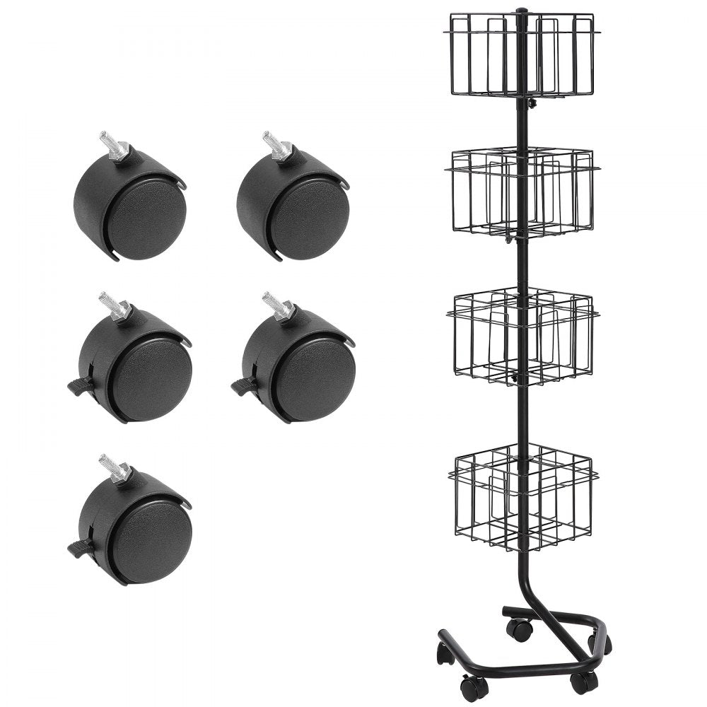 ODDTOOLS Brochure Display Rack, 4-Tier 32 Pockets Rotating Magazine Literature Display Stand for Postcards, 360° Spinning Greeting Cards Rack with 5 Wheels (2 Lockable) for Shop Exhibitions Office