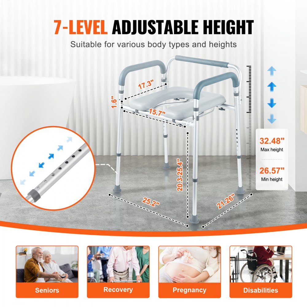 ODDTOOLS Commode Chair, Bedside Commode with Padded Seat and Arms, 7-Level Adjustable Height, 5.8L Removable Bucket, Easy to Assemble, 350 LBS Capacity, Raised Toilet Seat for Adults Seniors