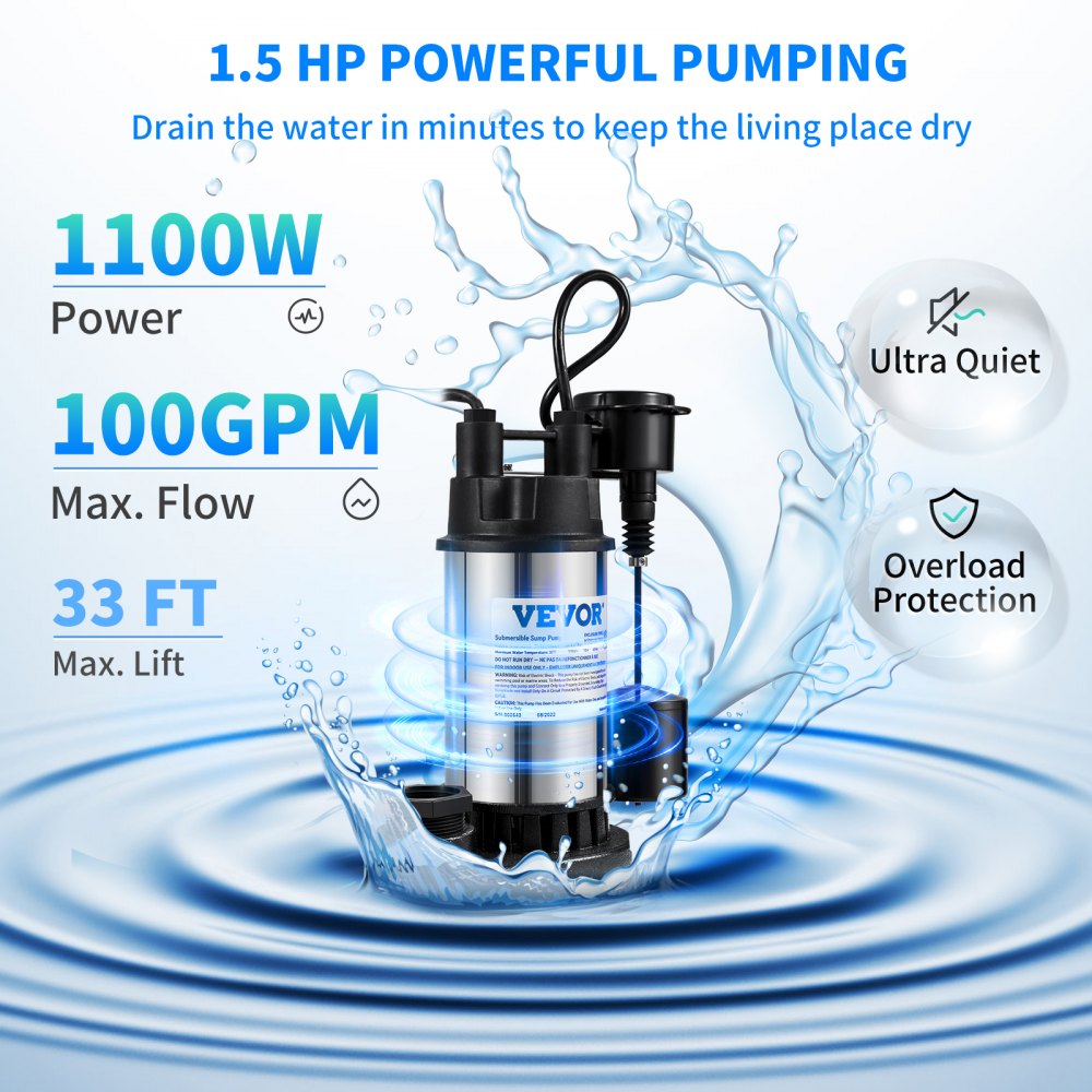 ODDTOOLS 1.5 HP Submersible Cast Iron and Steel Sump Pump, 6000 GPH Submersible Water Pump with Integrated Vertical Float Switch, for Basement Water Basin and Flooding Area