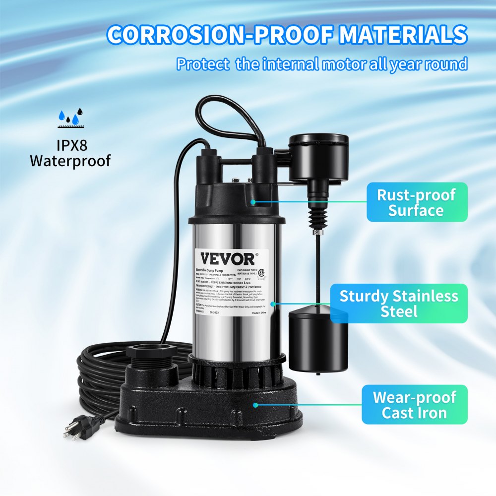 ODDTOOLS 1.5 HP Submersible Cast Iron and Steel Sump Pump, 6000 GPH Submersible Water Pump with Integrated Vertical Float Switch, for Basement Water Basin and Flooding Area