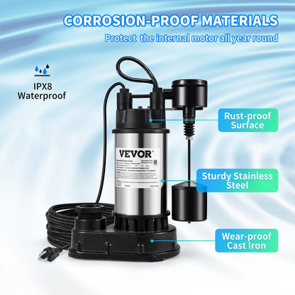 ODDTOOLS 1.5 HP Submersible Cast Iron and Steel Sump Pump, 6000 GPH Submersible Water Pump with Integrated Vertical Float Switch, for Basement Water Basin and Flooding Area