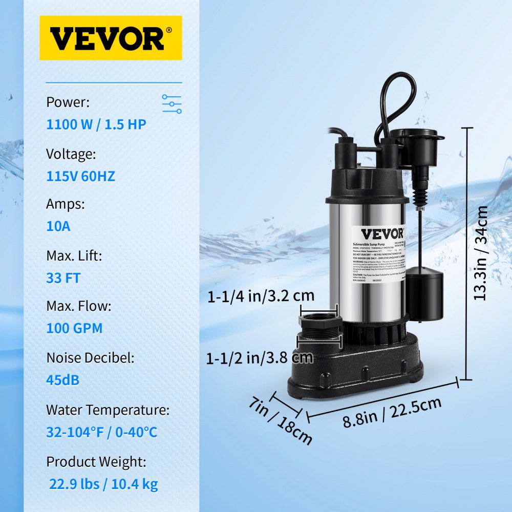 ODDTOOLS 1.5 HP Submersible Cast Iron and Steel Sump Pump, 6000 GPH Submersible Water Pump with Integrated Vertical Float Switch, for Basement Water Basin and Flooding Area