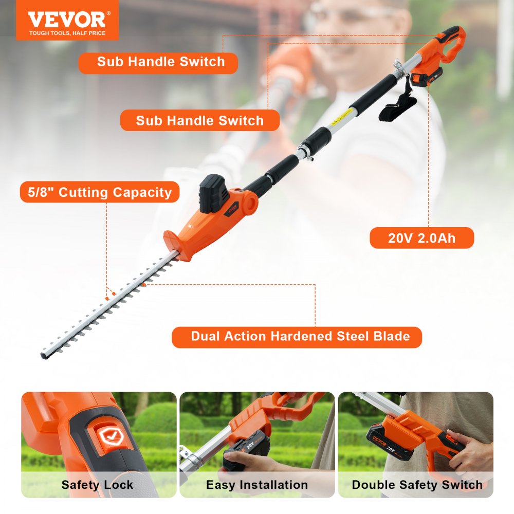 ODDTOOLS 20V Cordless Hedge Trimmer, 18 inch Double-edged Steel Blade, Pole Hedge Trimmer Kit 20V Battery, Fast Charger Included, 74"-94" Telescoping Design for High Branches