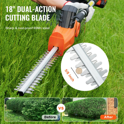 ODDTOOLS 20V Cordless Hedge Trimmer, 18 inch Double-edged Steel Blade, Pole Hedge Trimmer Kit 20V Battery, Fast Charger Included, 74"-94" Telescoping Design for High Branches