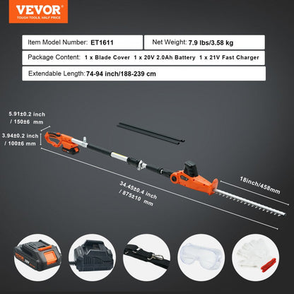 ODDTOOLS 20V Cordless Hedge Trimmer, 18 inch Double-edged Steel Blade, Pole Hedge Trimmer Kit 20V Battery, Fast Charger Included, 74"-94" Telescoping Design for High Branches