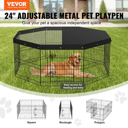 ODDTOOLS Dog Playpen, 8 Panels Foldable Metal Dog Exercise Pen with Top Cover, 24" H Pet Fence Puppy Crate Kennel with Ground Stakes, Indoor Outdoor Dog Pen for Small Medium Pets, for Camping, Yard