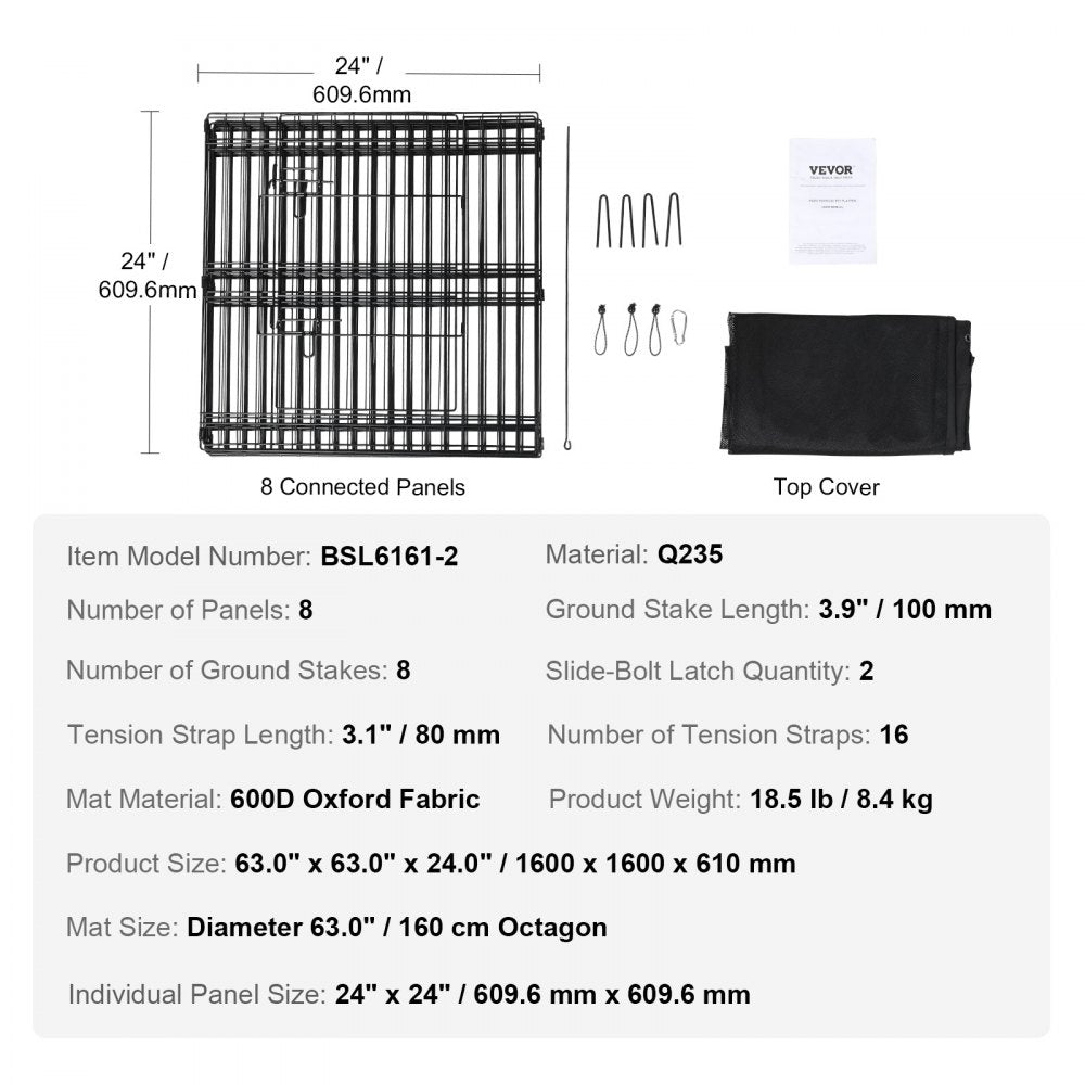 ODDTOOLS Dog Playpen, 8 Panels Foldable Metal Dog Exercise Pen with Top Cover, 24" H Pet Fence Puppy Crate Kennel with Ground Stakes, Indoor Outdoor Dog Pen for Small Medium Pets, for Camping, Yard