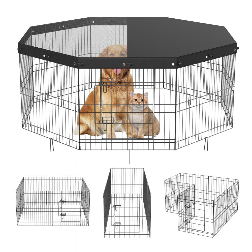 ODDTOOLS Dog Playpen, 8 Panels Foldable Metal Dog Exercise Pen with Top Cover, 24" H Pet Fence Puppy Crate Kennel with Ground Stakes, Indoor Outdoor Dog Pen for Small Medium Pets, for Camping, Yard