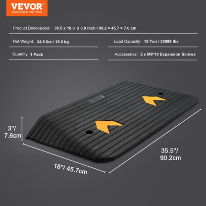 ODDTOOLS Upgraded Rubber Threshold Ramp, 3" Rise Door Ramp with 1 Channel, Natural Rubber Car Ramp with Non-Slip Textured Surface, 33069 lbs Load Capacity Curb Ramp for Wheelchair and Scooter