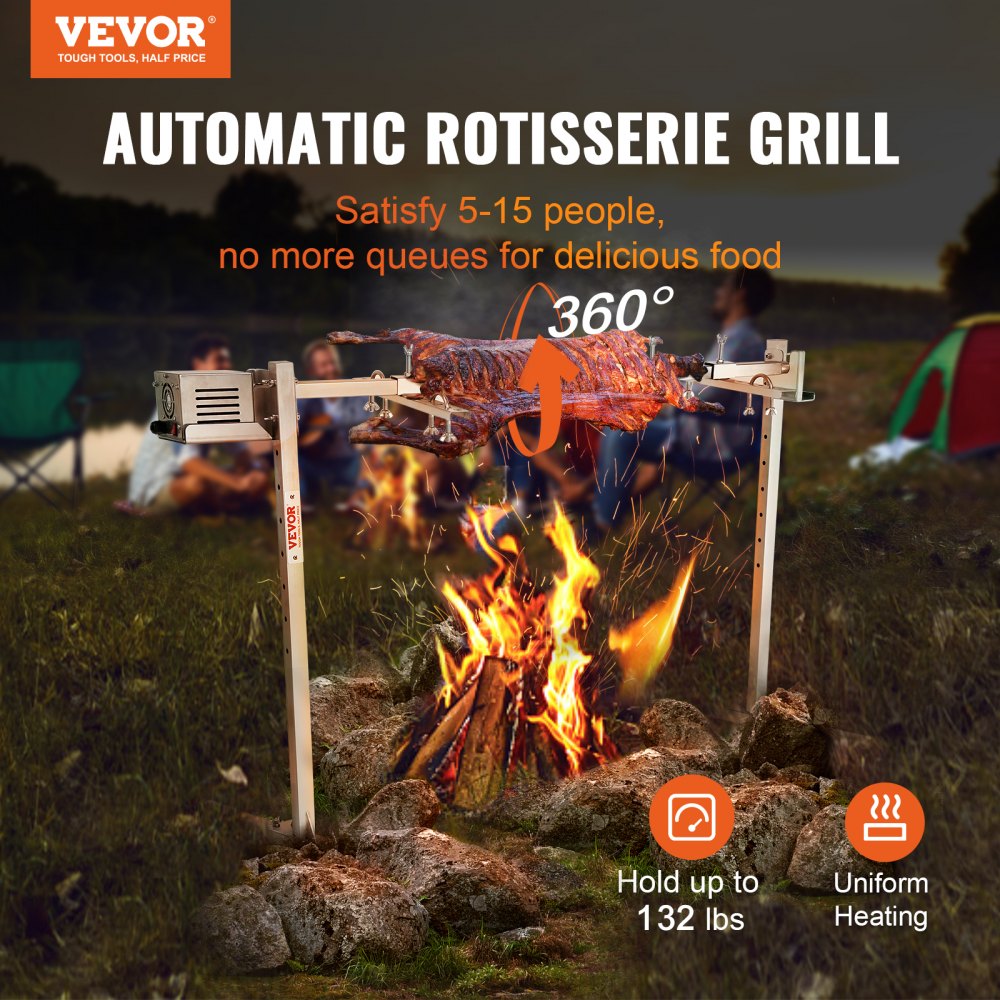 ODDTOOLS 46" Electric BBQ Rotisserie Grill Kit, 132 lbs Capacity Heavy Duty Grilling Kit, Automatic 52W Motor and Height Adjustable Universal Roaster Stand, Stainless Steel Hexagon Spit Rod for Pig Lamb