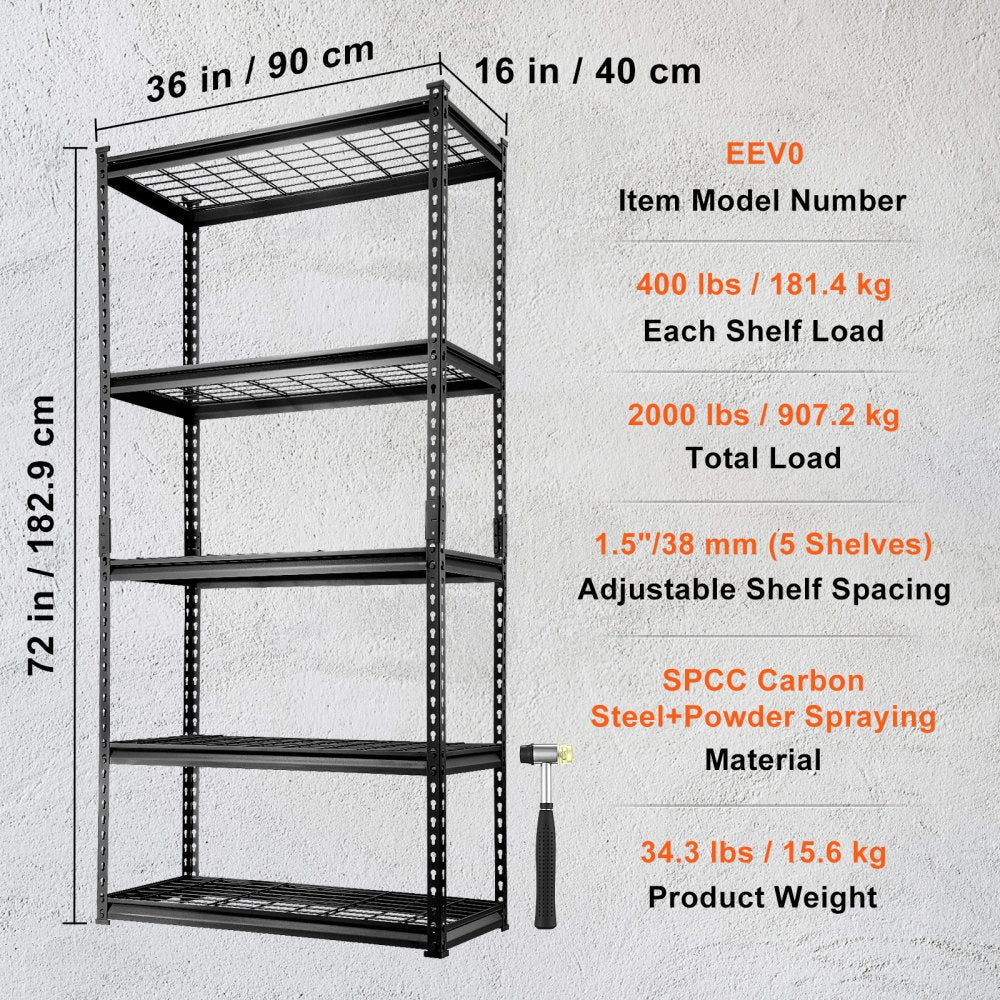 ODDTOOLS Storage Shelving Unit, 5-Tier Adjustable, 2000 lbs Capacity, Heavy Duty Garage Shelves Metal Organizer Wire Rack, Black, 36" L x 16" W x 72" H for Kitchen Pantry Basement Bathroom Laundry Closet