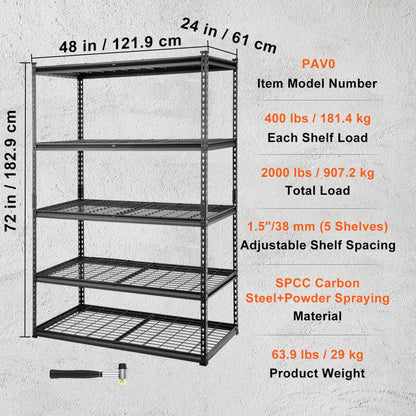 ODDTOOLS Storage Shelving Unit, 5-Tier Adjustable, 2000 lbs Capacity, Heavy Duty Garage Shelves Metal Organizer Wire Rack, Black, 48" L x 24" W x 72" H for Kitchen Pantry Basement Bathroom Laundry Closet