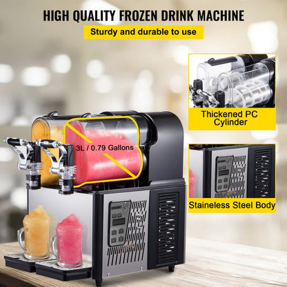 ODDTOOLS Commercial Slushy Machine, 3LX2 Tank Slush Drink Maker, 340W Frozen Drink Machine with Temperature Preservation, Stainless Steel Home Slush Frozen Drink Machine with Automatic Clean, Black