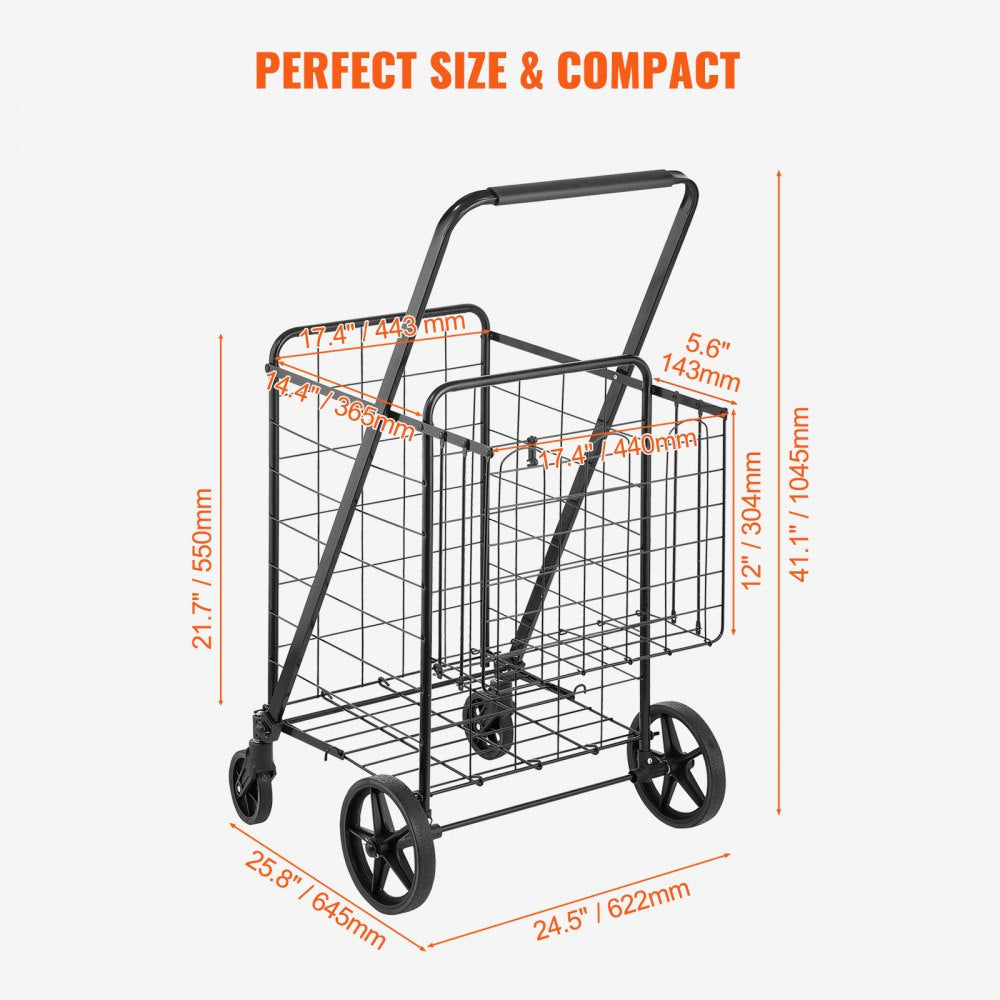 ODDTOOLS Folding Shopping Cart, Jumbo Grocery Cart with Double Baskets, 360° Swivel Wheels, Heavy Duty Utility Cart, 110 LBS Large Capacity Utility Cart for Laundry, Shopping, Grocery, Luggage