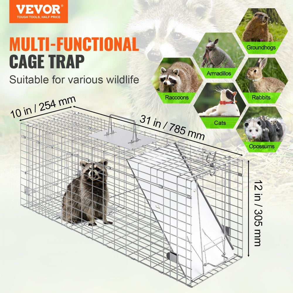 ODDTOOLS Live Animal Cage Trap, 31" x 10" x 12" Humane Cat Trap Galvanized Iron, Folding Animal Trap with Handle for Rabbits, Stray Cats, Squirrels, Raccoons, Groundhogs and Opossums