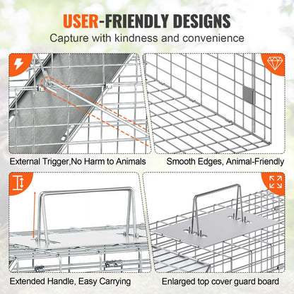 ODDTOOLS Live Animal Cage Trap, 31" x 10" x 12" Humane Cat Trap Galvanized Iron, Folding Animal Trap with Handle for Rabbits, Stray Cats, Squirrels, Raccoons, Groundhogs and Opossums