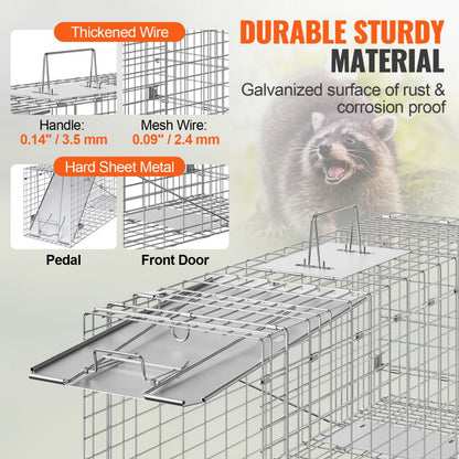 ODDTOOLS Live Animal Cage Trap, 31" x 10" x 12" Humane Cat Trap Galvanized Iron, Folding Animal Trap with Handle for Rabbits, Stray Cats, Squirrels, Raccoons, Groundhogs and Opossums