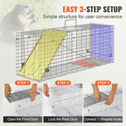 ODDTOOLS Live Animal Cage Trap, 31" x 10" x 12" Humane Cat Trap Galvanized Iron, Folding Animal Trap with Handle for Rabbits, Stray Cats, Squirrels, Raccoons, Groundhogs and Opossums