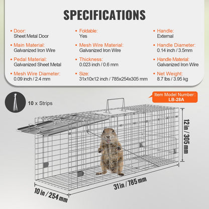 ODDTOOLS Live Animal Cage Trap, 31" x 10" x 12" Humane Cat Trap Galvanized Iron, Folding Animal Trap with Handle for Rabbits, Stray Cats, Squirrels, Raccoons, Groundhogs and Opossums