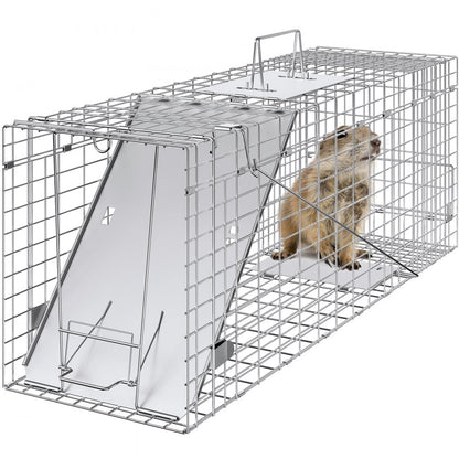 ODDTOOLS Live Animal Cage Trap, 31" x 10" x 12" Humane Cat Trap Galvanized Iron, Folding Animal Trap with Handle for Rabbits, Stray Cats, Squirrels, Raccoons, Groundhogs and Opossums