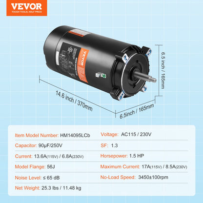 ODDTOOLS 1.5 HP Pool Pump Motor, 56J Frame, 115V(13.6 Amps)/230V(6.8 Amps) 3450 RPM, 60Hz, 1.3 Service Factor, 90μF/250V Capacitor, CCW Rotation Round Flange Replacement Motor