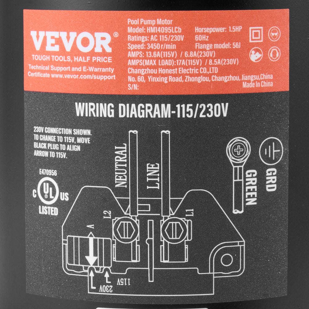 ODDTOOLS 1.5 HP Pool Pump Motor, 56J Frame, 115V(13.6 Amps)/230V(6.8 Amps) 3450 RPM, 60Hz, 1.3 Service Factor, 90μF/250V Capacitor, CCW Rotation Round Flange Replacement Motor