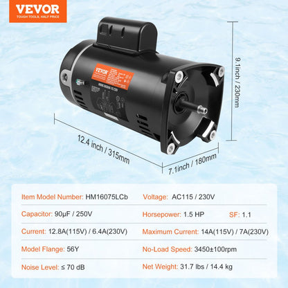 ODDTOOLS 1.5HP Pool Pump Motor 115/230V 12.8/6.4A 56Y 3450RPM 90μF/250V Capacitor