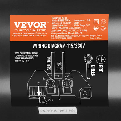 ODDTOOLS 1.5HP Pool Pump Motor 115/230V 12.8/6.4A 56Y 3450RPM 90μF/250V Capacitor