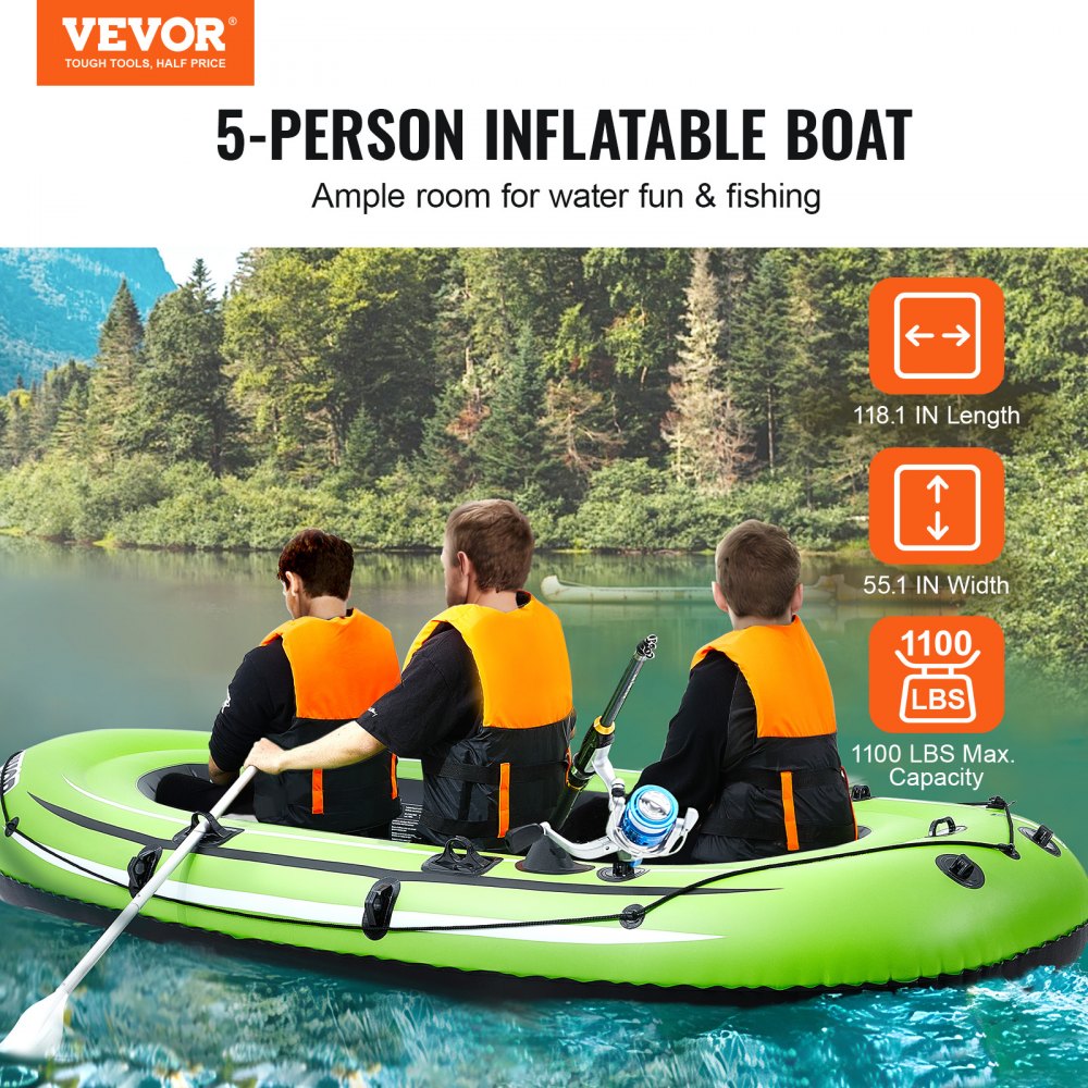 ODDTOOLS Inflatable Boat, 5-Person Inflatable Fishing Boat, Strong PVC Portable Boat Raft Kayak, 45.6" Aluminum Oars, High-Output Pump, Fishing Rod Holders, and 2 Seats, 1100 lb Capacity for Adults, Kids