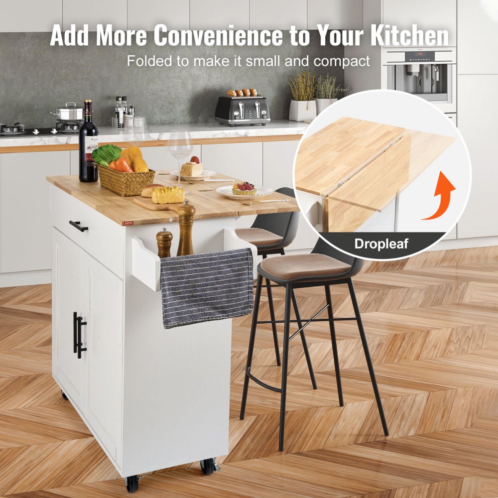 ODDTOOLS Kitchen Island Cart with Solid Wood Top, 35.4" Width Mobile Carts with Storage Cabinet, Rolling Kitchen Table with Spice Rack, Towel Rack, Drop Leaf and Drawer, Portable Islands on Wheels, White