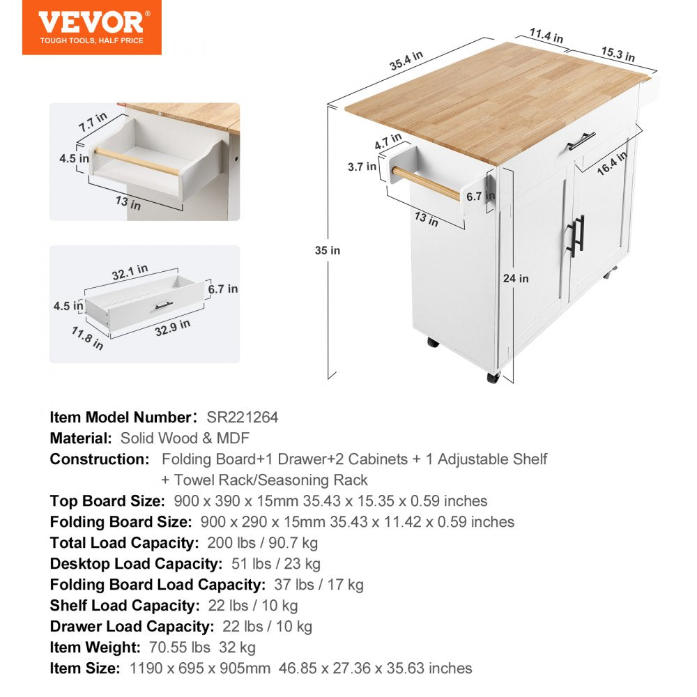 ODDTOOLS Kitchen Island Cart with Solid Wood Top, 35.4" Width Mobile Carts with Storage Cabinet, Rolling Kitchen Table with Spice Rack, Towel Rack, Drop Leaf and Drawer, Portable Islands on Wheels, White