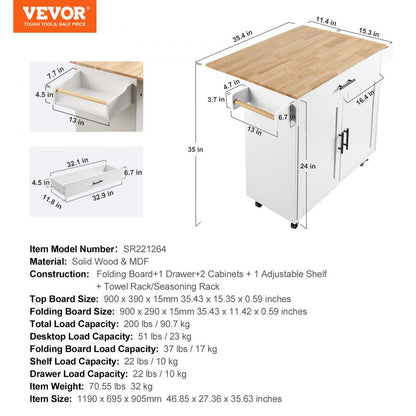 ODDTOOLS Kitchen Island Cart with Solid Wood Top, 35.4" Width Mobile Carts with Storage Cabinet, Rolling Kitchen Table with Spice Rack, Towel Rack, Drop Leaf and Drawer, Portable Islands on Wheels, White