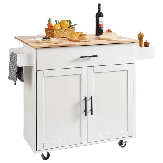 ODDTOOLS Kitchen Island Cart with Solid Wood Top, 35.4" Width Mobile Carts with Storage Cabinet, Rolling Kitchen Table with Spice Rack, Towel Rack, Drop Leaf and Drawer, Portable Islands on Wheels, White