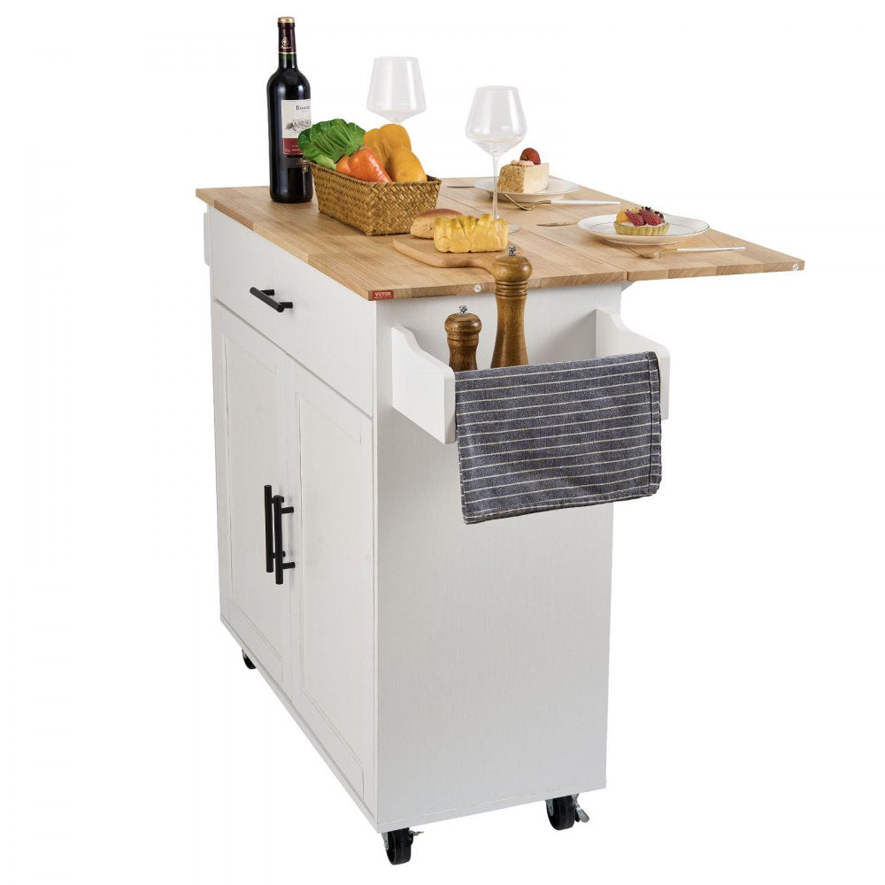 ODDTOOLS Kitchen Island Cart with Solid Wood Top, 35.4" Width Mobile Carts with Storage Cabinet, Rolling Kitchen Table with Spice Rack, Towel Rack, Drop Leaf and Drawer, Portable Islands on Wheels, White